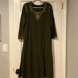 Elegant Olive Green Embroidered Long Kurtas Tunic- Size Medium
